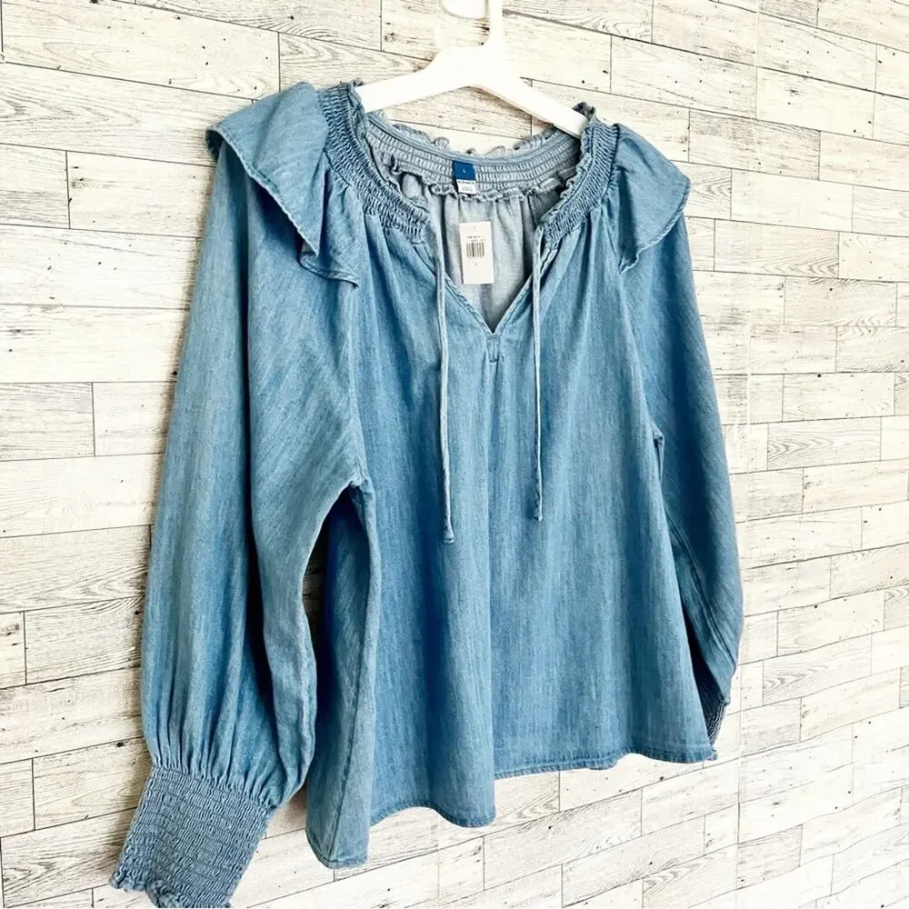 OLD NAVY Puff Sleeve Denim Poet Blouse Ruffle Trim Size L NWT!